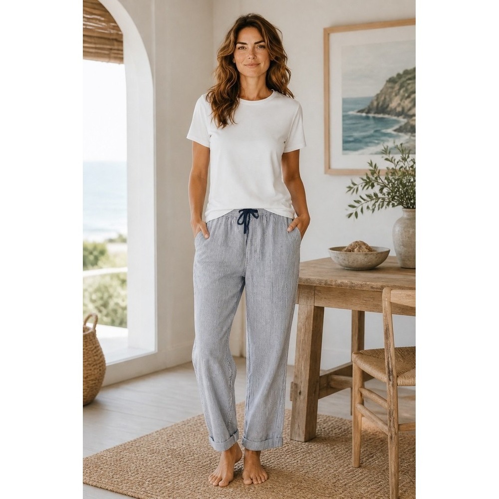 Talbots Pants Linen Petite L Blue railroad Striped Drawstring Wide-Leg coastal